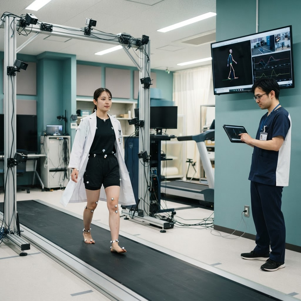 モーションキャプチャ機器を使い、歩行動作を測定・分析する研究者と理学療法士