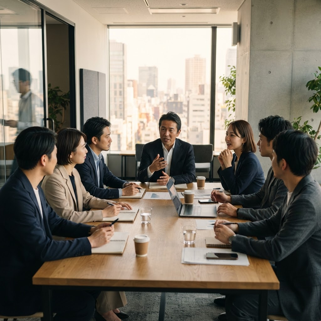 経営者やベンチャー企業の専門家が会議室で意見を交わしている様子
